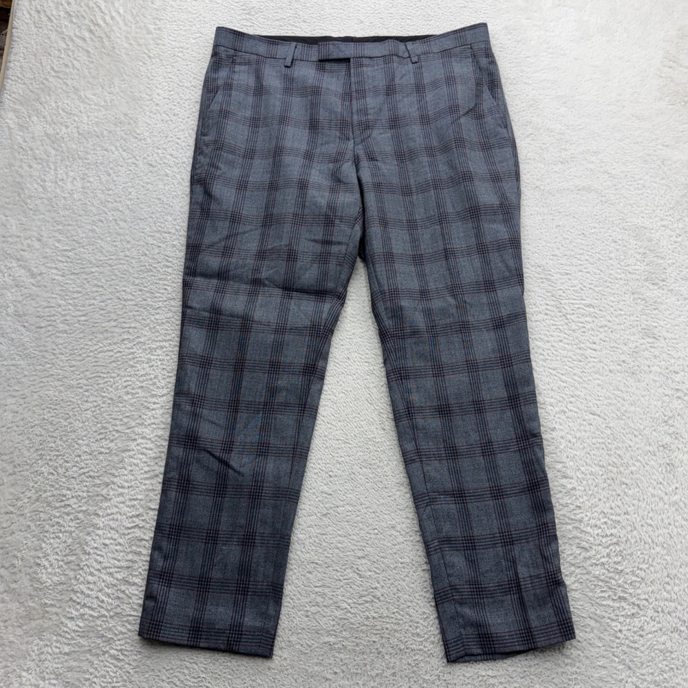 Twisted Tailor Mens Grey Plaid Wool Blend Slim Fit Dress Pants Size 36R